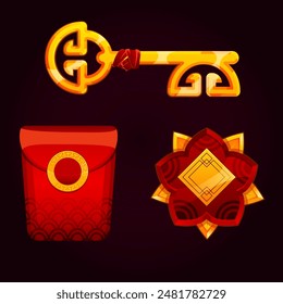 illustration; asian; accessories; vector; graphic; wallet; brooch; key; rope; eastern; amulet; design; clipart; brown; pattern; gold; 