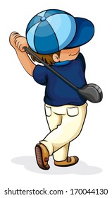 Illustration of an Asian boy playing golf on a white background