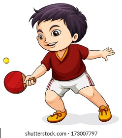 Illustration of an Asian boy playing table tennis on a white background