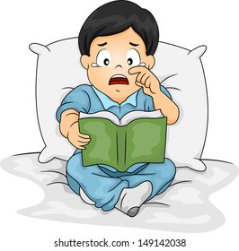 Illustration of an Asian Boy Shedding Tears While Reading a Storybook