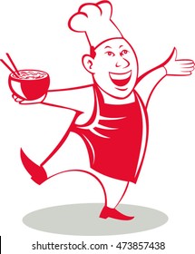 Illustration of an asian chef dancing holding serving a bowl of noodle viewed from front set on isolated white background done in cartoon style. 