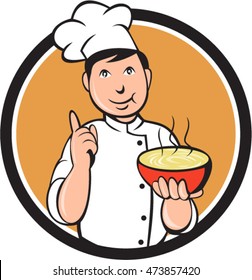 Illustration of an asian chef holding a bowl of noode and doing the number one sign with the other hand viewed from front set inside circle on isolated background done in cartoon style. 