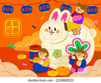 Illustration of Asian children sitting beside a big rabbit art installation on red orange background. Text: Rabbit welcomes spring.