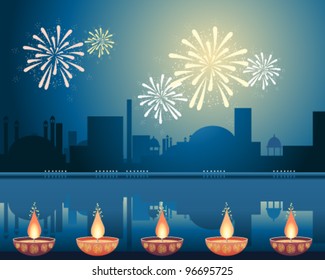 an illustration of an asian city lit up with fireworks and candles to celebrate the festival of diwali