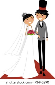 Illustration of an Asian Couple Walking on the Aisle