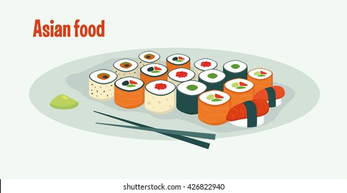 Illustration of Asian cuisine. Sushi, rolls, noodles. Japanese menu