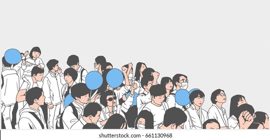 Illustration of asian demonstrating crowd in color