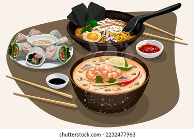 Illustration of an Asian dinner with ramen, tom yam, spring rolls with sauces and chopsticks on a neutral background. Suitable for printing menus in a restaurant.