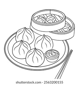 Illustration of Asian Dumplings on a Plate with Bamboo Steamer Baskets.