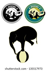 Illustration of Asian elephant in rope frame, silhouette of elephant balancing on a ball, vector