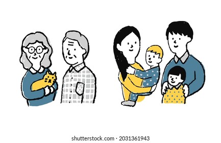 Ilustración de la familia asiática: abuelos, parejas jóvenes e hijos