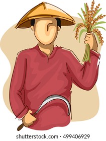 Illustration of an Asian Farmer in a Conical Hat Harvesting Rice with a Sickle