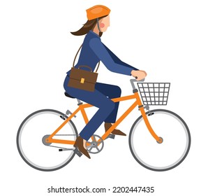 Illustration of an Asian female businessman riding a bicycle in business attire.