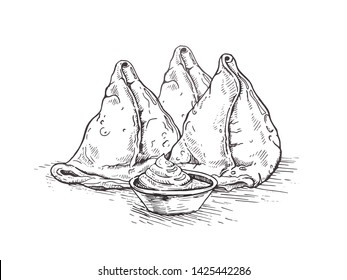 Illustration Asian food. Vegetarian samsa (samosas) with tomato sauce. Sketch.Indian cuisine.