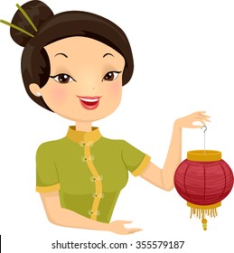 Illustration of an Asian Girl Carrying a Chinese Lantern