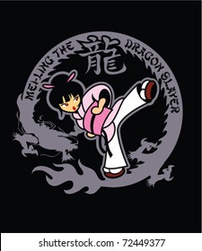 illustration of an asian girl doing karate kick with a dragon border