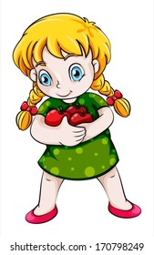 Illustration of an Asian girl hugging three apples on a white background