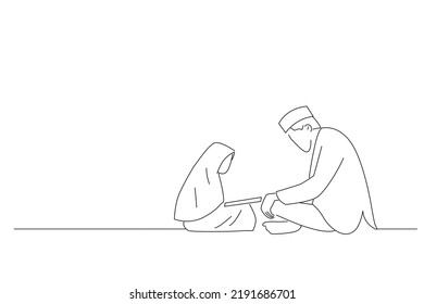 Illustration of asian girl muslim learning to read quran with muslim teacher. Line art style
