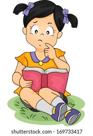 Illustration of an Asian Girl Thinking About Something While Reading a Book