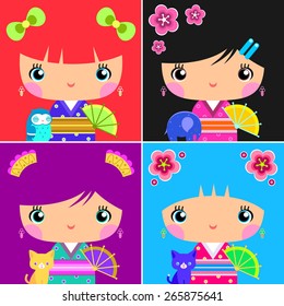 Illustration of Asian Kokeshi dolls and cute animals.