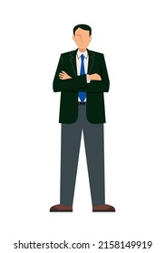 Illustration of an Asian male businessman with his arms folded 8 life-size white background business image