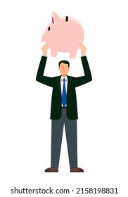 Illustration of an Asian male businessman with a piggy bank. eight heads tall, financial image infographics