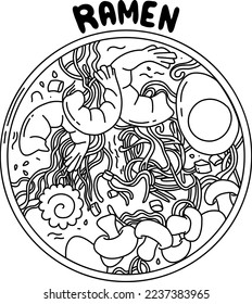 Illustration Asian noodle soup, ramen with chicken, shrimp, and tofu, vegetables, and egg in a bowl. Sketch. Line illustration of Japanese cuisine.