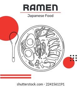 Illustration Asian noodle soup, ramen with chicken, shrimp, and tofu, vegetables, and egg in a bowl. Sketch. Line illustration of Japanese cuisine. Banner's design