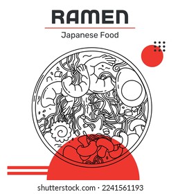 Illustration Asian noodle soup, ramen with chicken, shrimp, and tofu, vegetables, and egg in a bowl. Sketch. Line illustration of Japanese cuisine. Banner's design