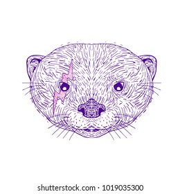 Illustration of an Asian Small-Clawed Otter head with lightning bolt on face near eye done in hand drawing sketch style on isolated background.