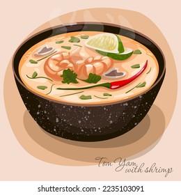 Illustration of Asian soup tom yam with shrimp. Spicy, hot soup of delicate pink color with shrimps and seasonings. Juicy vector illustration. Suitable for printing menus in a restaurant.