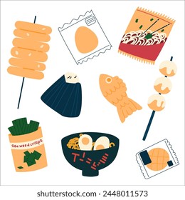 Illustration of asian street food. Fast food dishes.