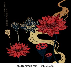 illustration in asian style with flowers and stylized cloud