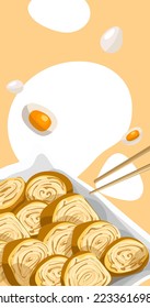 Illustration of an Asian tamago omelette dish for marquetinka against a backdrop of bright spots. Flyer for distribution. Can be used to print menus, flyers and banners on paper.