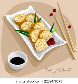 Illustration of an Asian tamago omelette on a plate with a decoration of green onions and lingonberries. On the table is a dish with chopsticks. Suitable for printing menus in a restaurant.