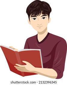 Illustration of Asian Teen Guy Student Holding and Reading a Book