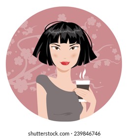 illustration of an asian woman with a cup of coffee