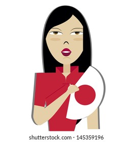 illustration of Asian woman holding a white fan with red dress on a white background.