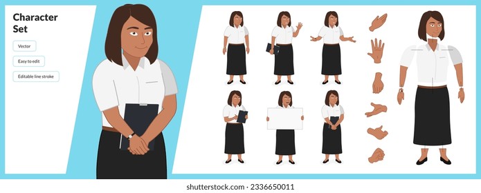 Illustration of Asian woman, wearing business casual clothing in a set of multiple poses. Easy to edit with editable line strokes and isolated on white background. Suitable for animation.
