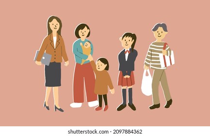Illustration of  asian women of various ages. 