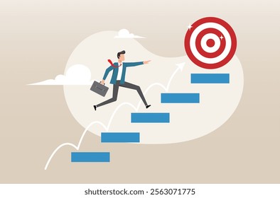 An illustration of aspiration or career path, businessman run up stair to success. Step or progress to success and reach goal target, ladder or staircase to achieve goal