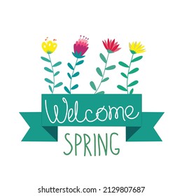Illustration of asquare banner with flowers and lettering welcome spring