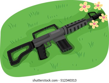 Ilustración de un rifle de asalto con su bozal bloqueado por un puñado de flores