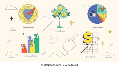 Ilustração de conceitos de gerenciamento de ativos, como avaliação de risco, diversificação e tendência de crescimento na coleção de estilo neubrutalismo.