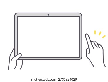 Illustration Objekte eines Tablets und Hand. Touch-Funktion. Vektor.