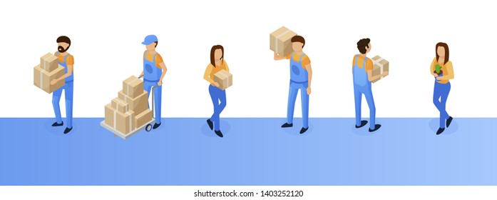 Illustration Assistance in Transportation Office. Movers Work without Delay, Saving Customers Time. Respect for Valuable and Fragile Things. Movers Sort and Pack Cargo. Cartoon Flat.