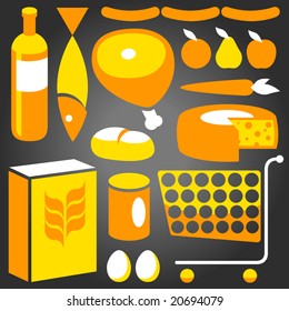 Illustration of assorted basic food supplies from a supermarket