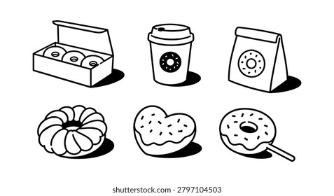 An illustration of assorted donuts and pastries with a coffee cup.