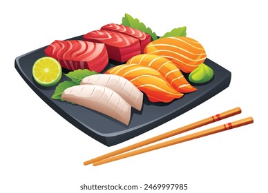 Illustration of assorted sashimi with lime and wasabi in a black plate. Japanese food vector isolated on white background