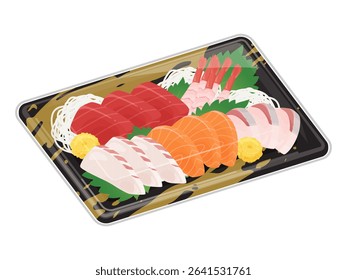 Illustration of assorted sashimi served on a food tray